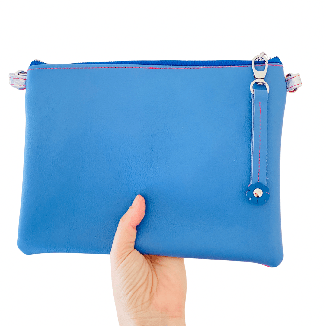 Block Colour with Fidget Flower Charm - Blue/Pink Leather Purse Plus+