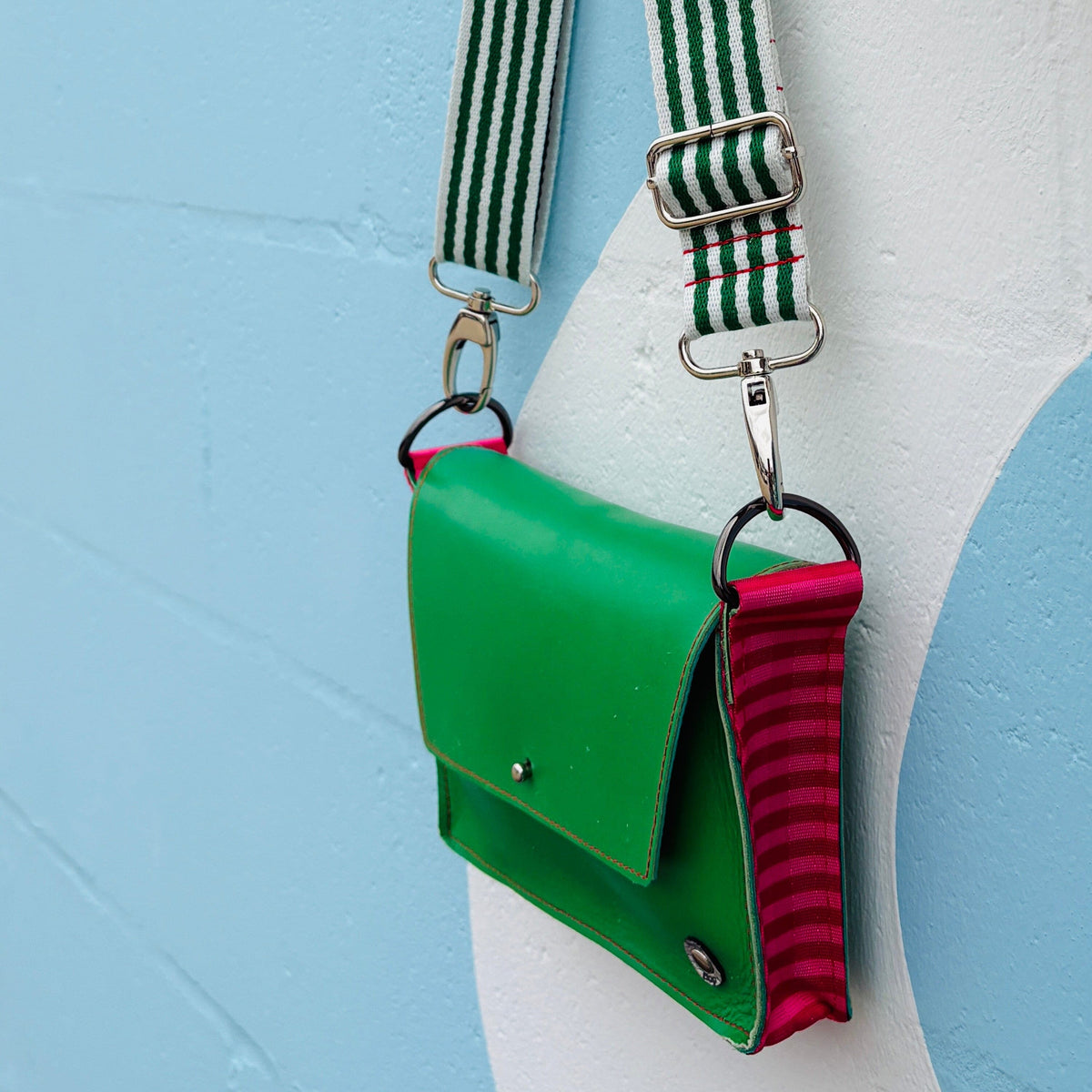 ALLY Mini - 4 in 1 Leather Bag - Apple Green/Pink Stripe