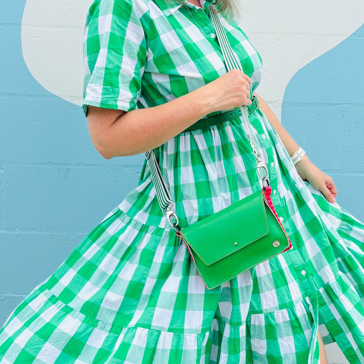 ALLY Mini - 4 in 1 Leather Bag - Apple Green/Pink Stripe