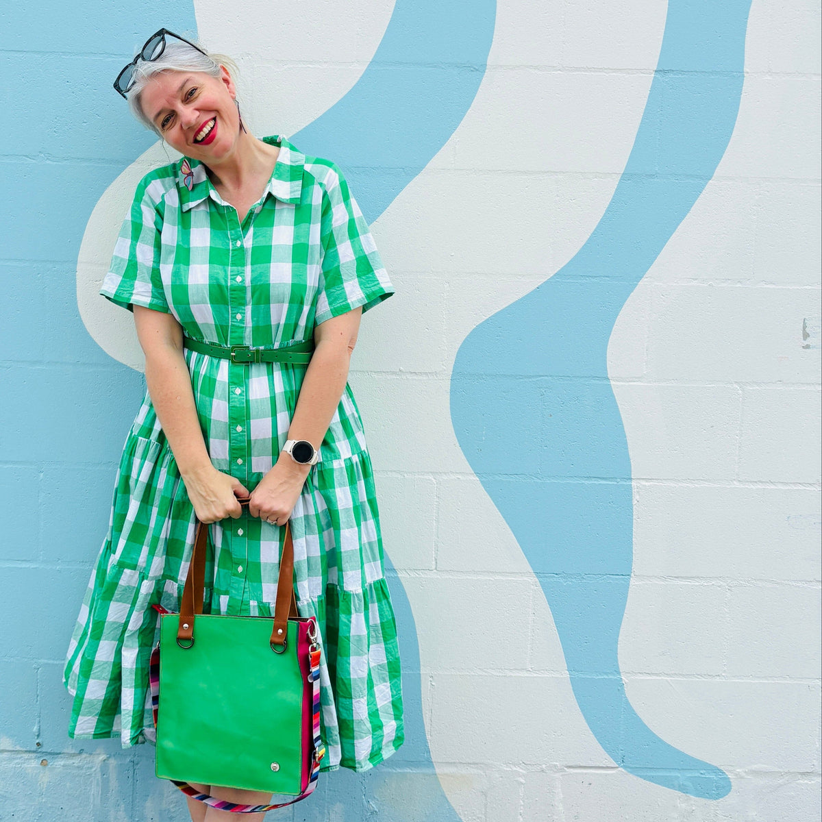 The Everyday Zipper Leather Tote - Apple Green/Pink