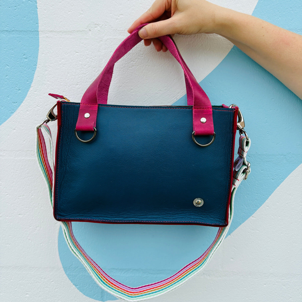 Little Sister Zipper Leather Tote - Navy/Crazy Horse Pink