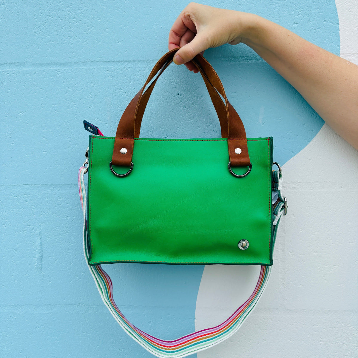 Little Sister Zipper Leather Tote - Apple Green/Teal