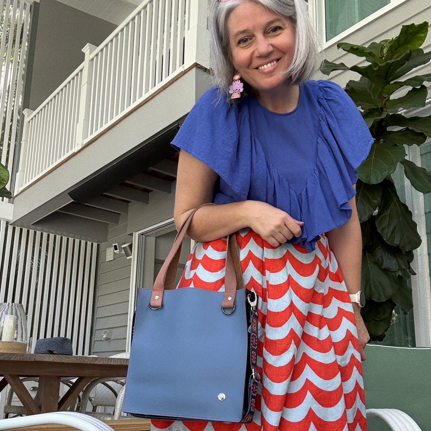 The Everyday Leather Tote - Crochet Light Blue