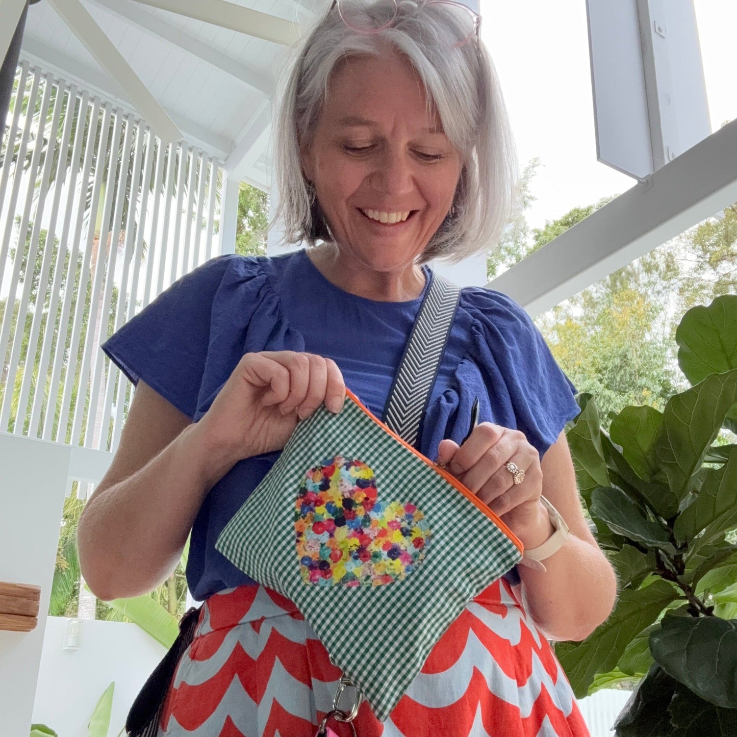 Green/Orange Gingham Heart - Zippy Pouch