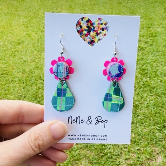 Plaid Petals Hand Painted Midi Drop Earrings - Pink/Green