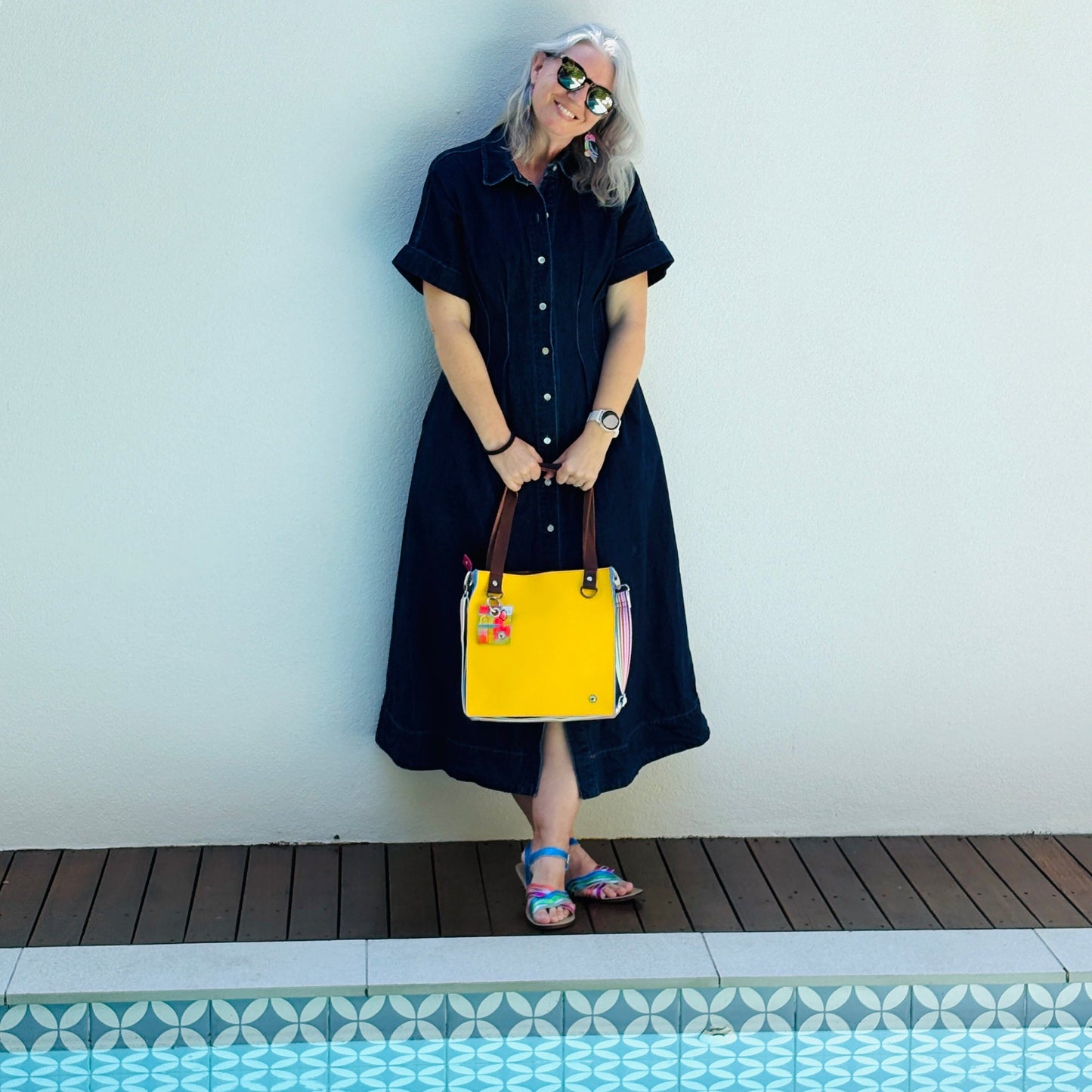 The Everyday Zipper Leather Tote - Yellow/Lilac