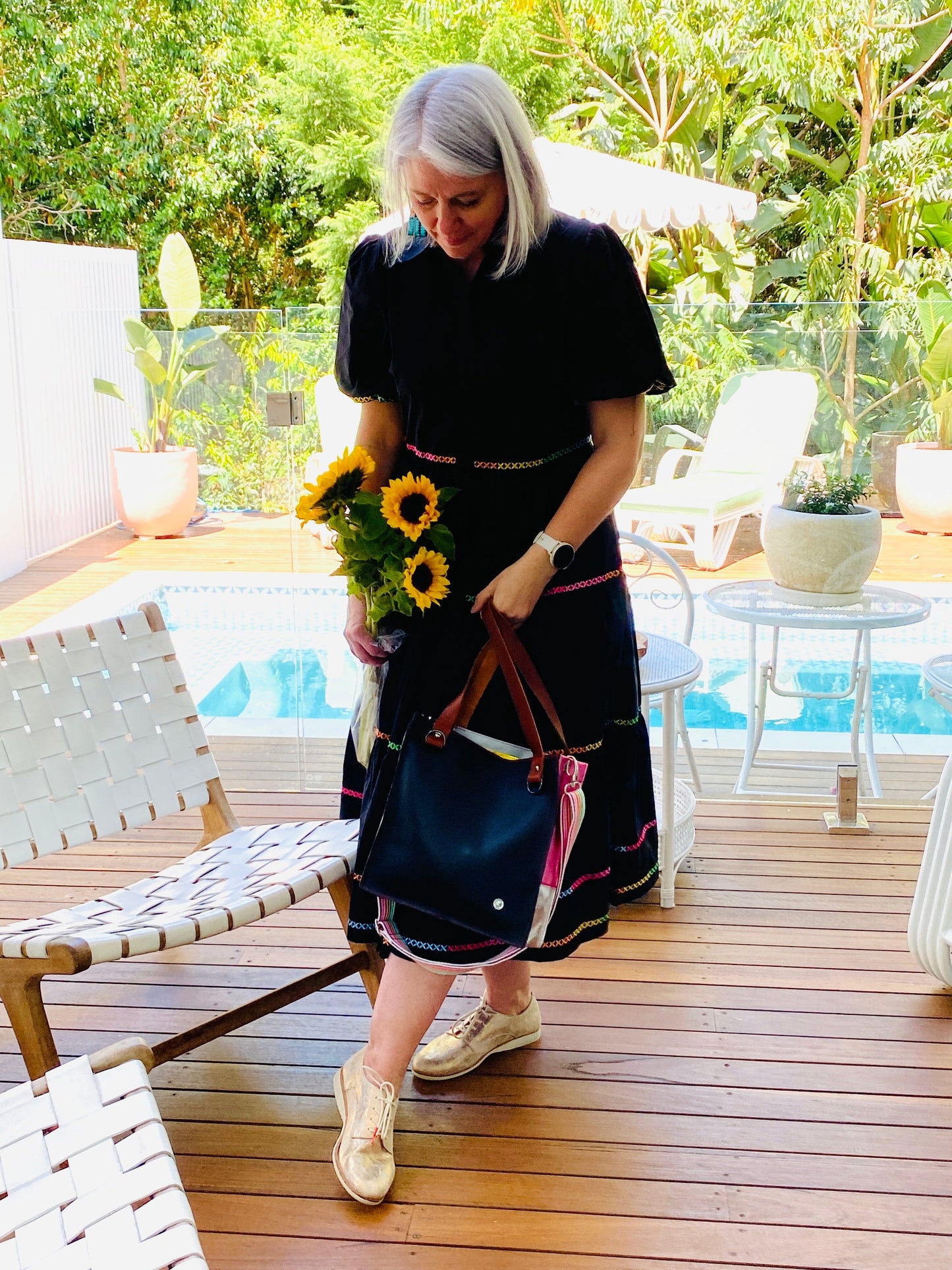 The Everyday Leather Tote - Pebble Black/Pink Patchwork