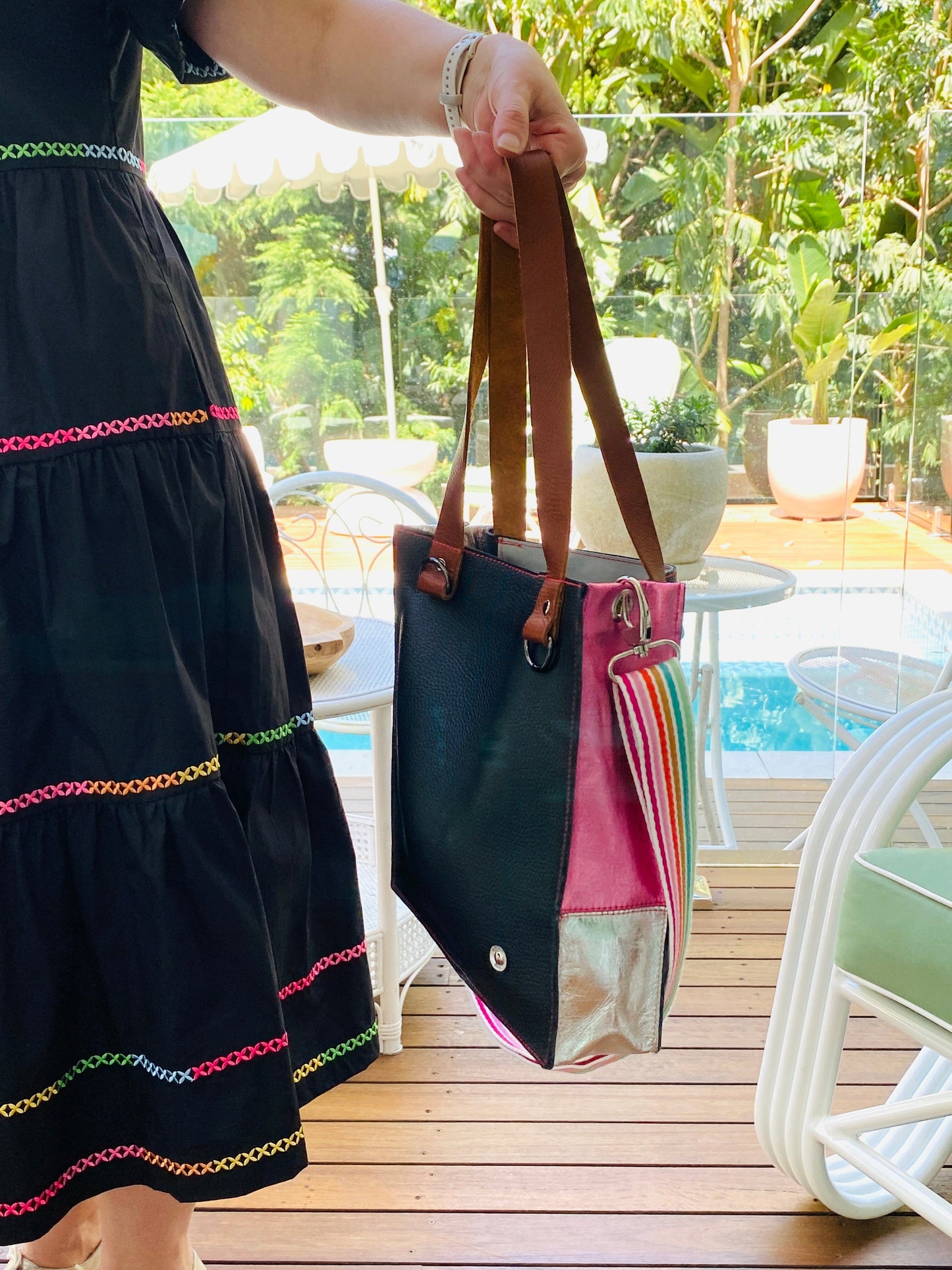 The Everyday Leather Tote - Pebble Black/Pink Patchwork