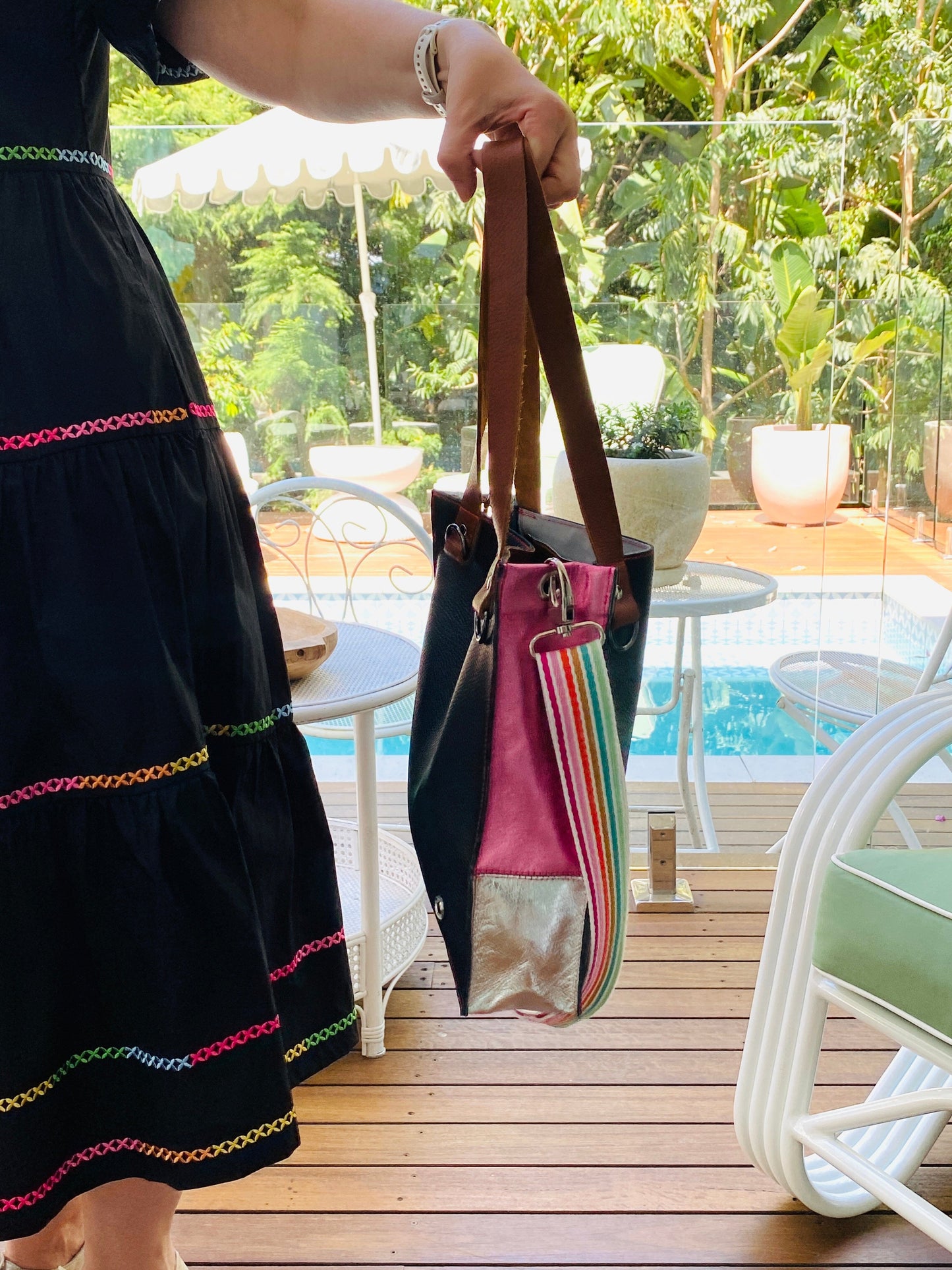 The Everyday Leather Tote - Pebble Black/Pink Patchwork