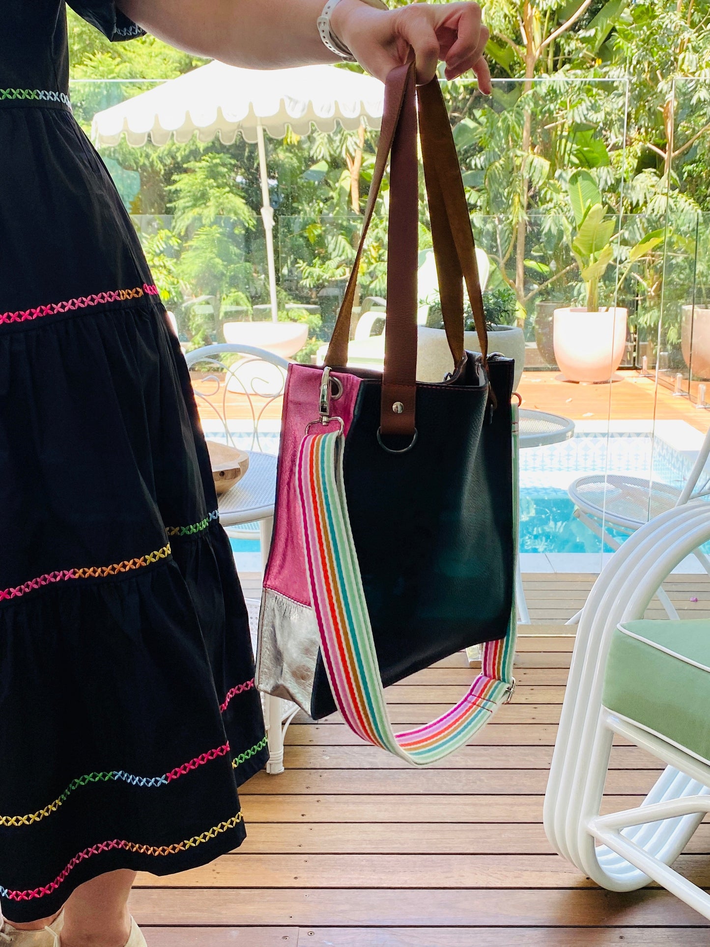 The Everyday Leather Tote - Pebble Black/Pink Patchwork