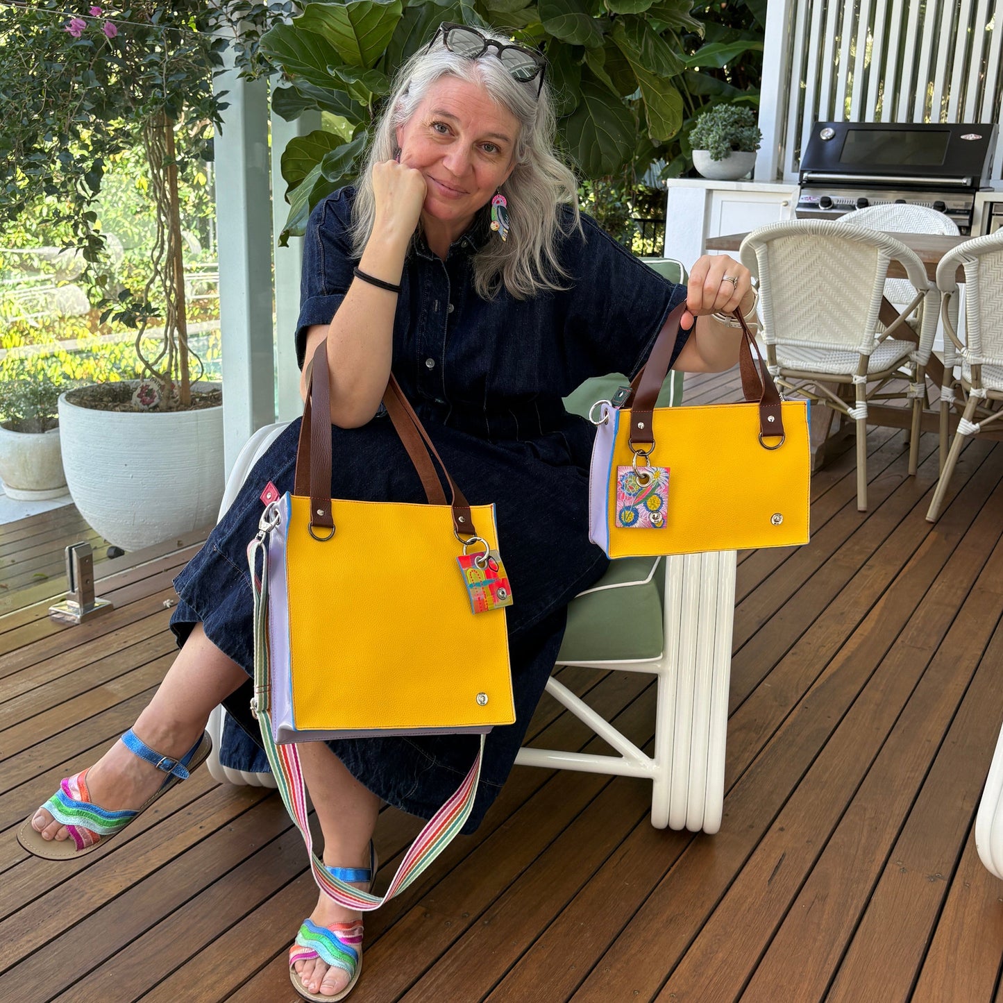 Little Sister Zipper Leather Tote - Yellow/Lilac