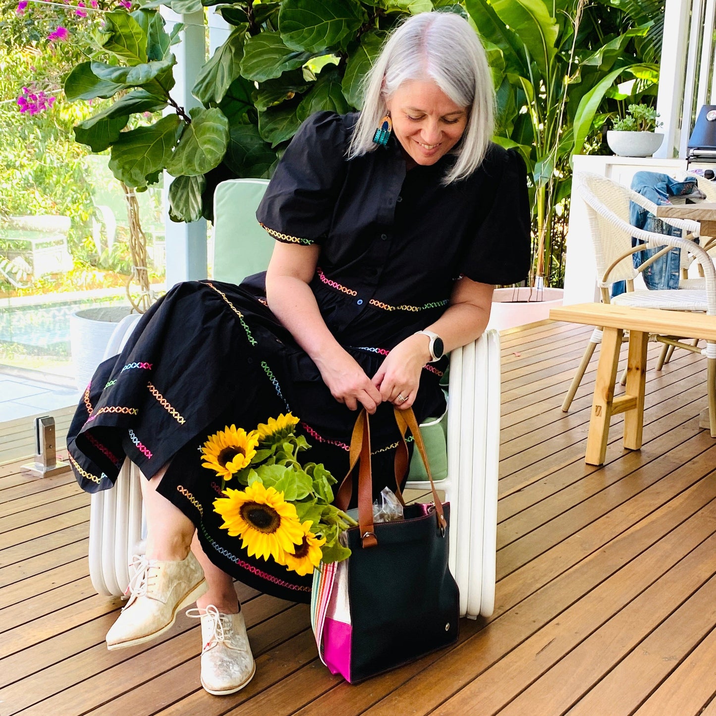 The Everyday Leather Tote - Pebble Black/Pink Patchwork