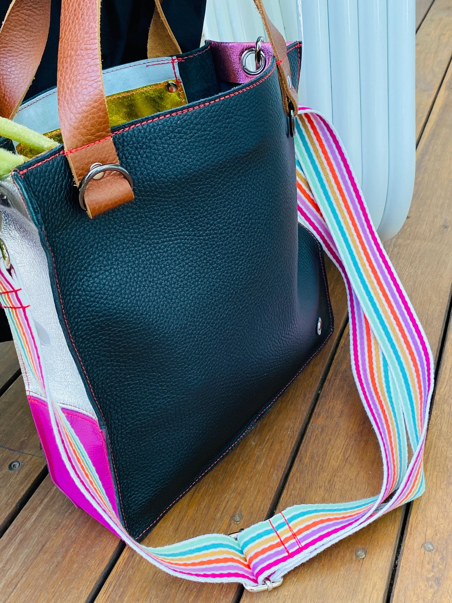 The Everyday Leather Tote - Pebble Black/Pink Patchwork