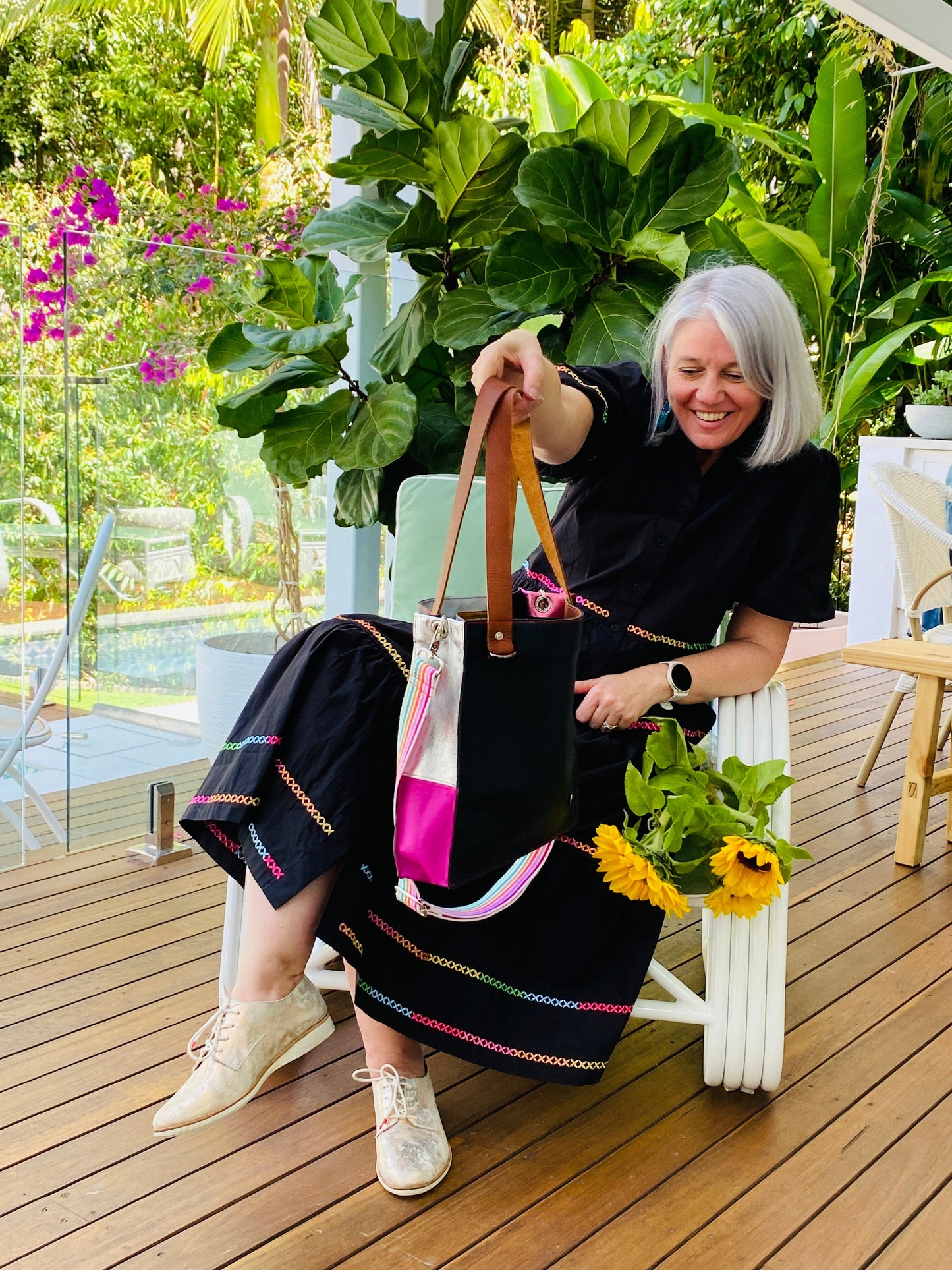 The Everyday Leather Tote - Pebble Black/Pink Patchwork