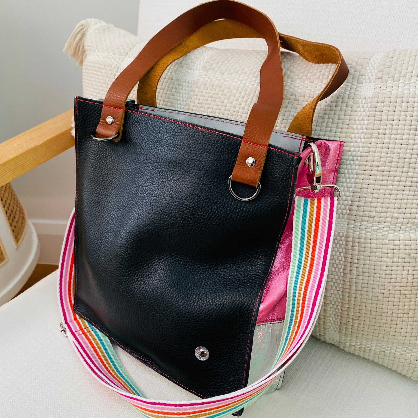 The Everyday Leather Tote - Pebble Black/Pink Patchwork