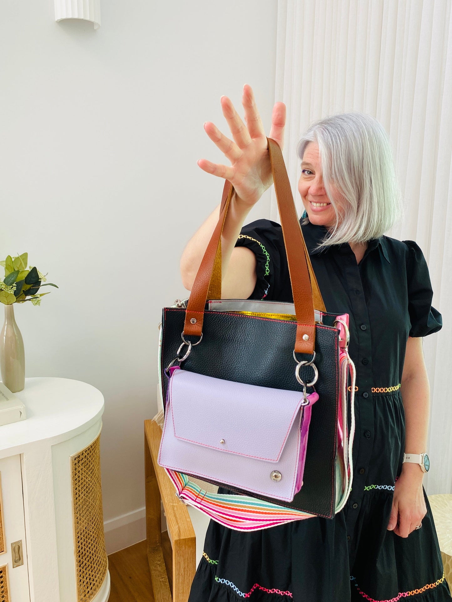 The Everyday Leather Tote - Pebble Black/Pink Patchwork