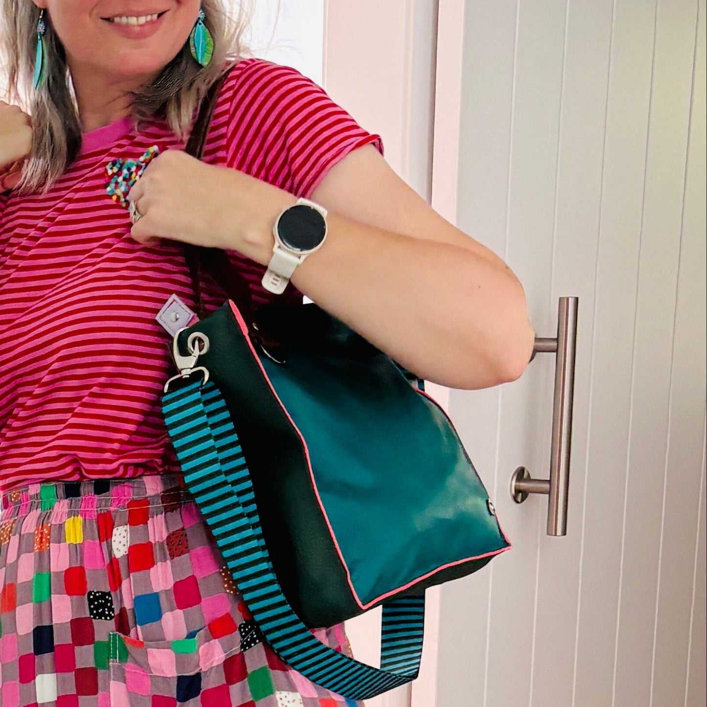 The Everyday Zipper Leather Tote - Green/Blush