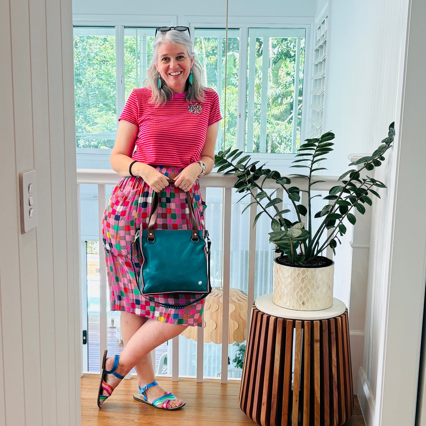 The Everyday Zipper Leather Tote - Green/Blush