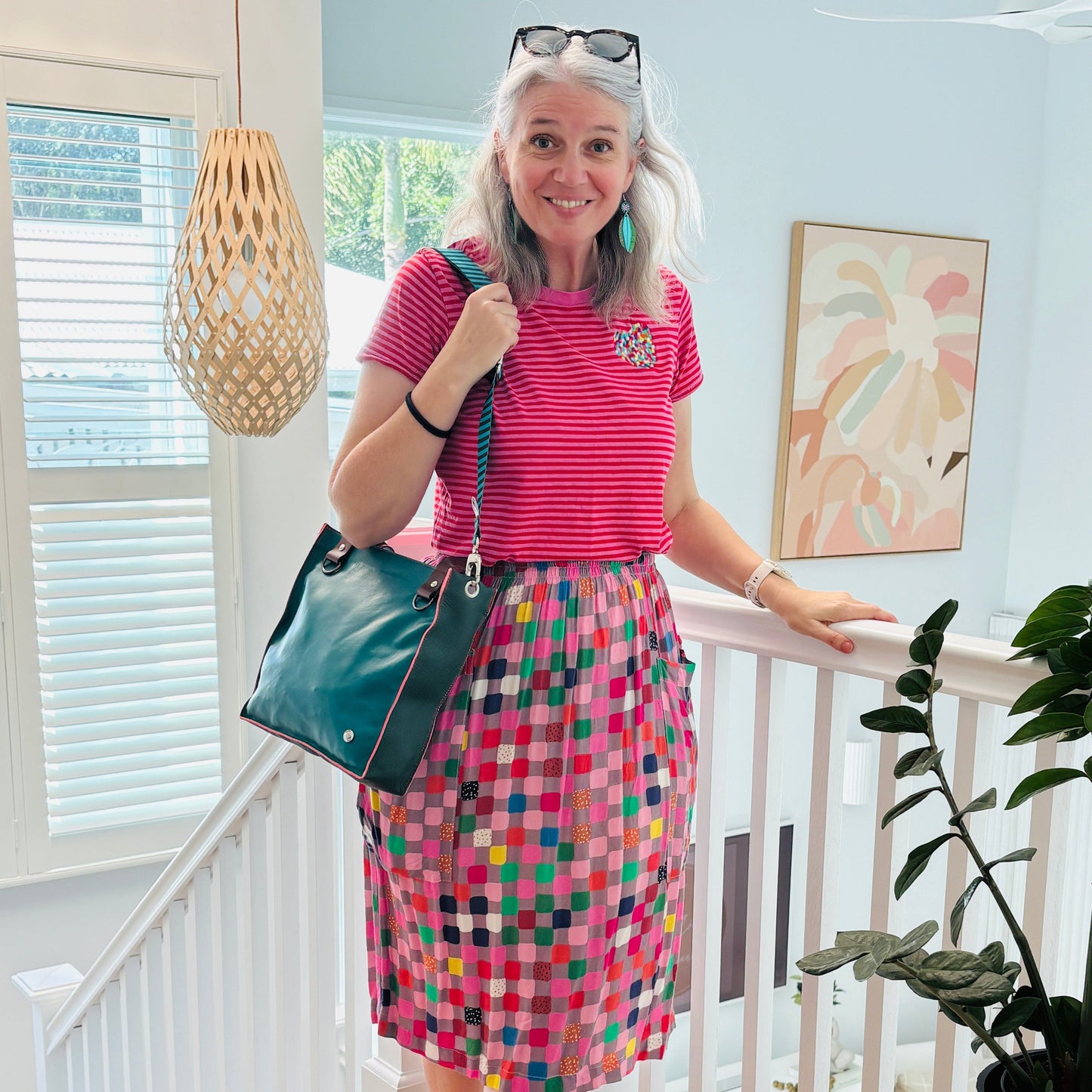The Everyday Zipper Leather Tote - Green/Blush