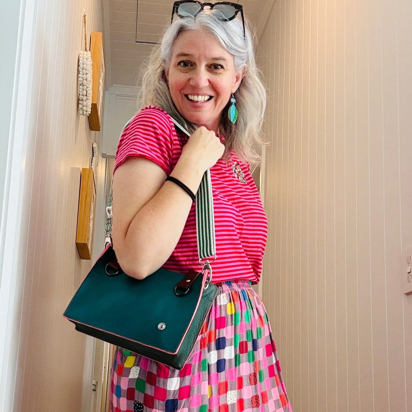 Little Sister Zipper Leather Tote - Green/Blush