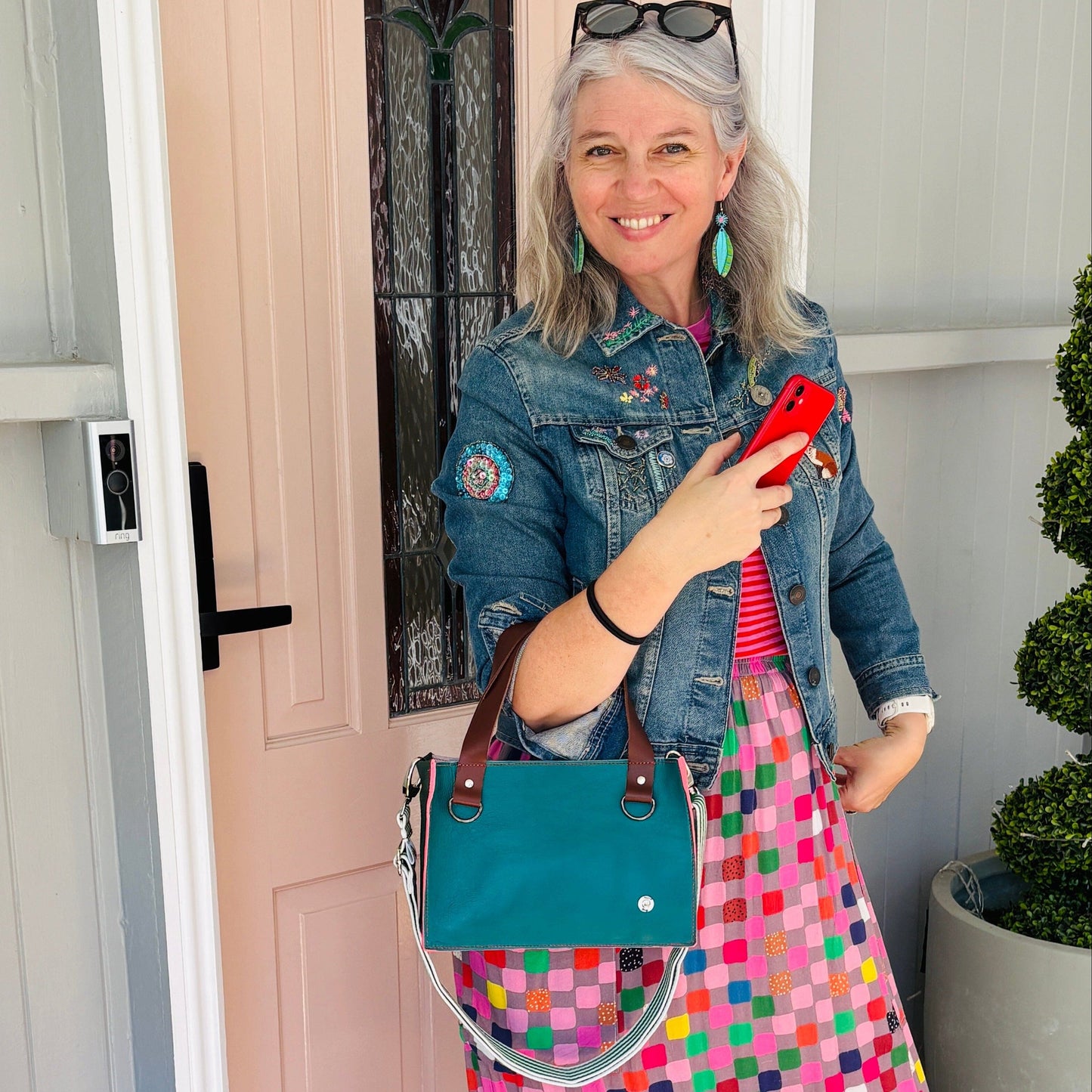 Little Sister Zipper Leather Tote - Green/Blush