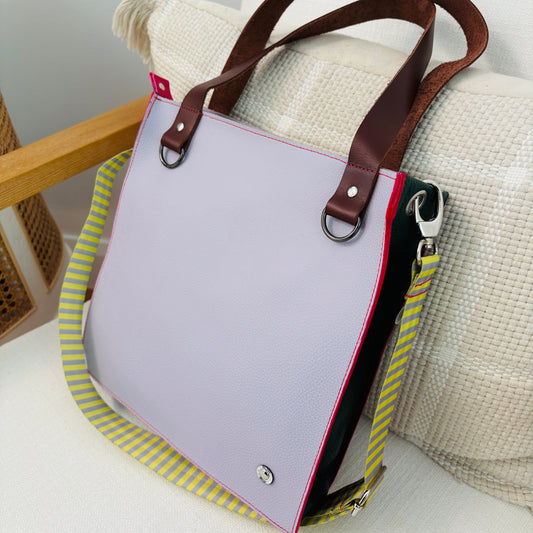 The Everyday Zipper Leather Tote - Lilac/Bottle Green