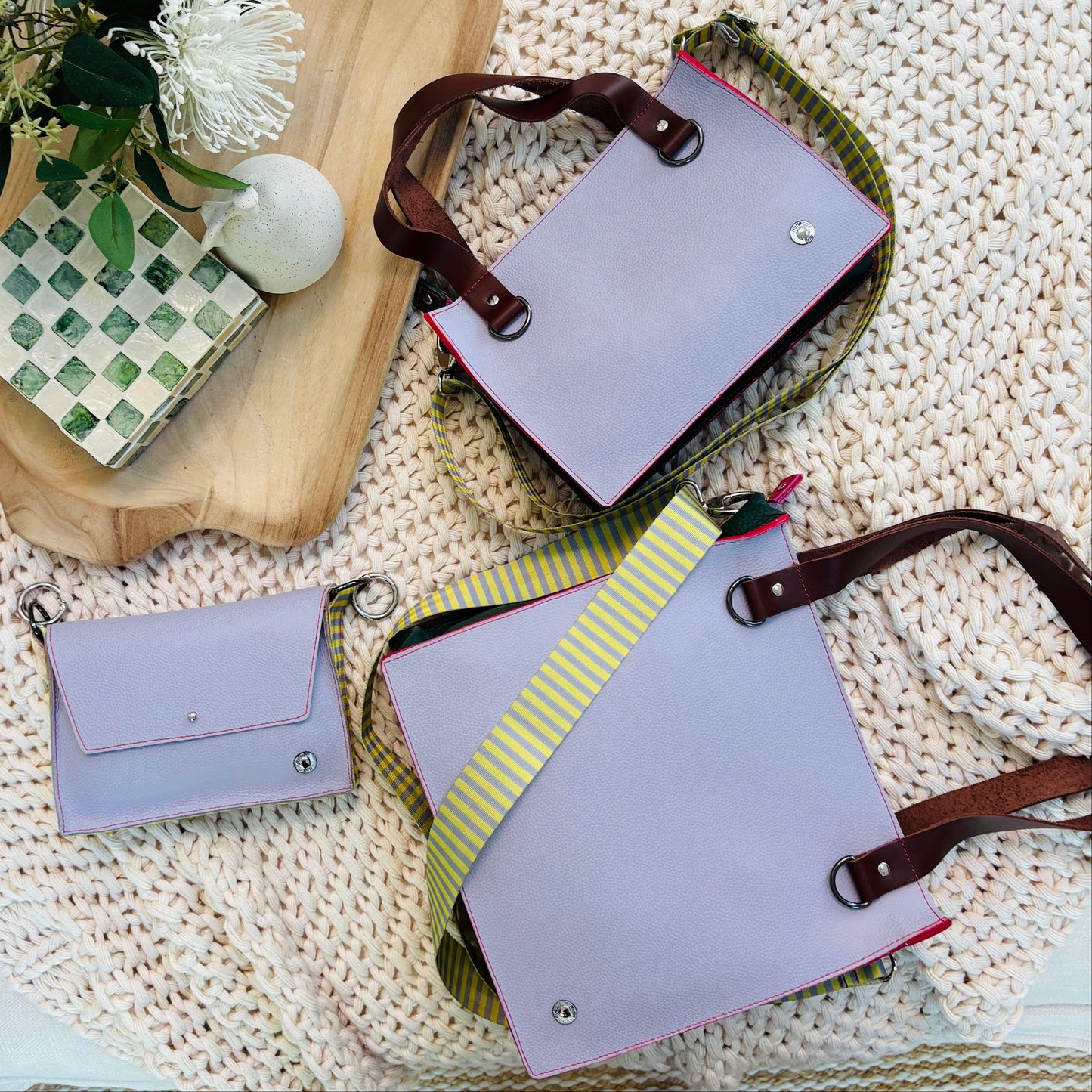 The Everyday Zipper Leather Tote - Lilac/Bottle Green