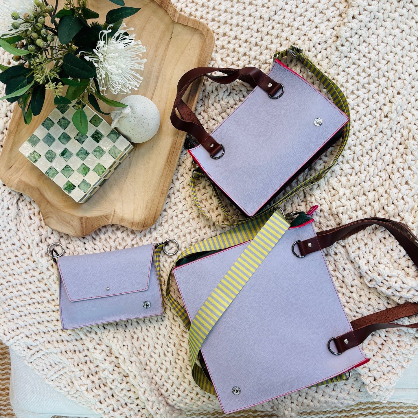 Little Sister Zipper Leather Tote - Lilac/Lemon