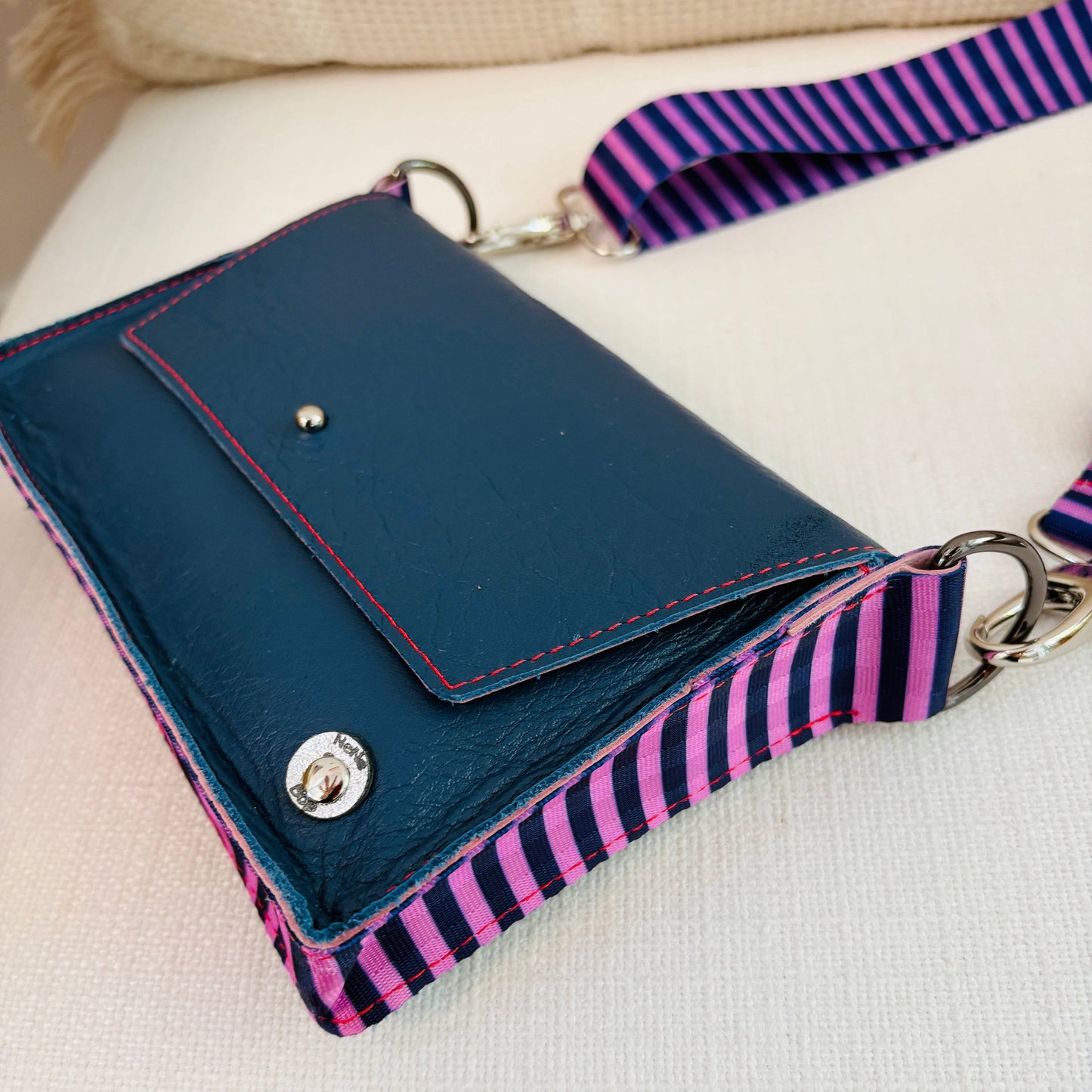 ALLY Mini - 4 in 1 Leather Bag - Navy/Purple Stripe