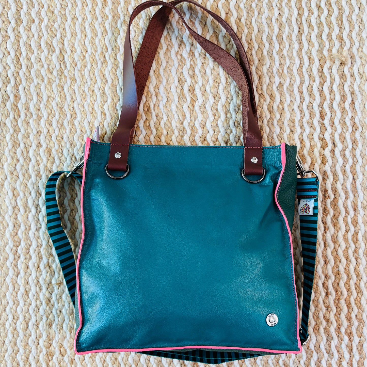 The Everyday Zipper Leather Tote - Green/Blush