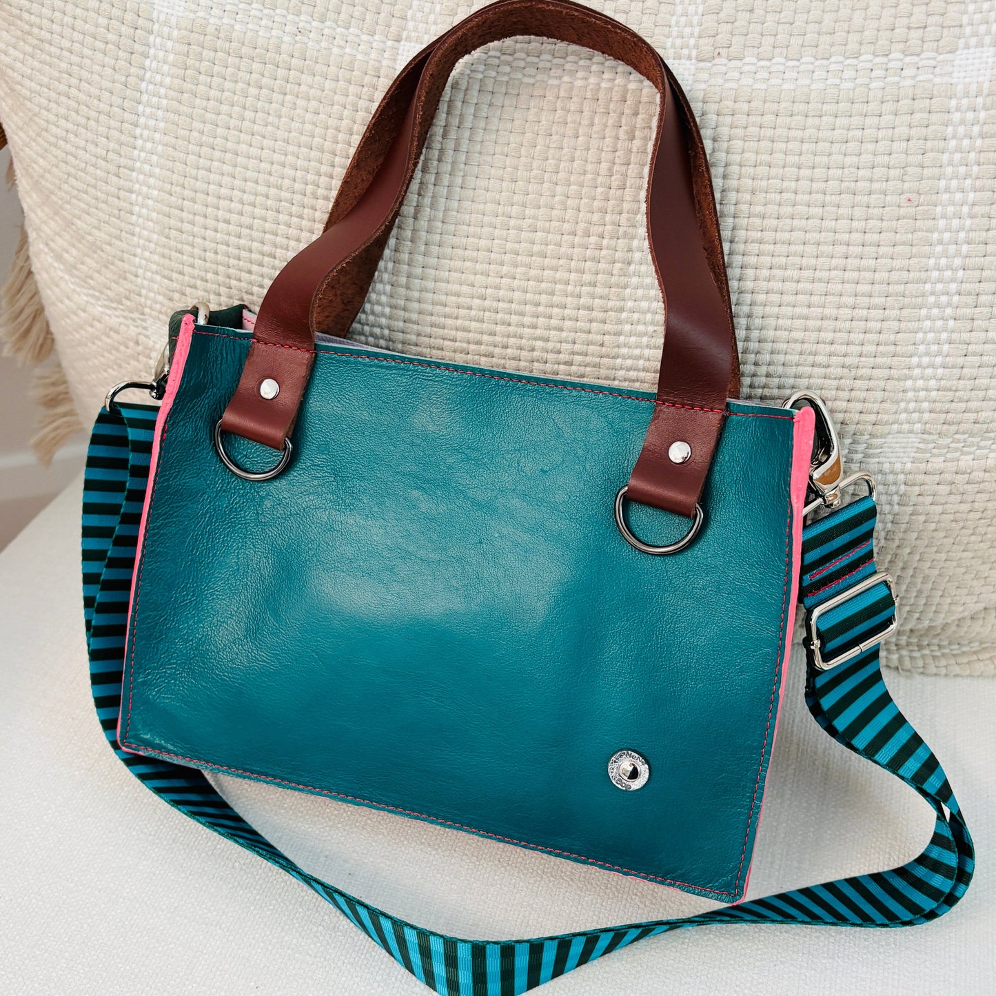 Little Sister Zipper Leather Tote - Green/Blush