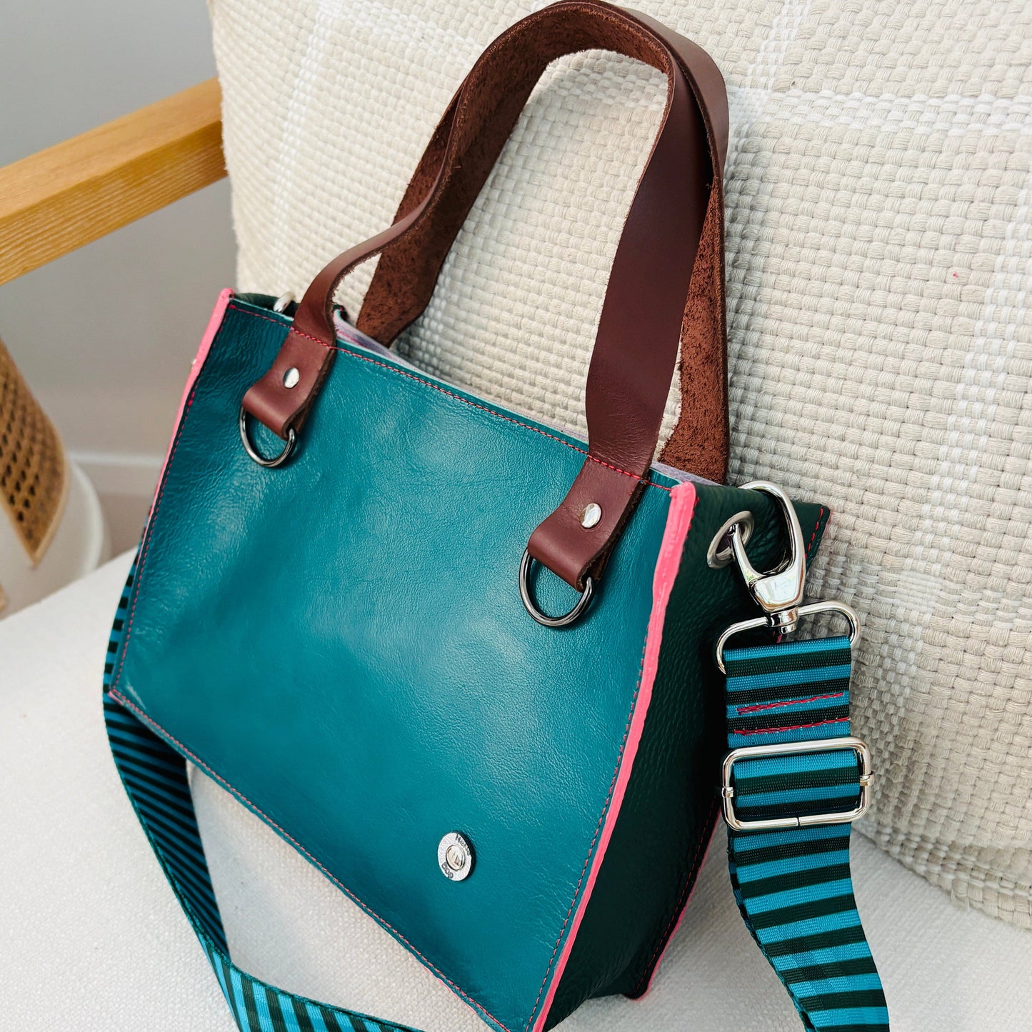 Little Sister Zipper Leather Tote - Green/Blush