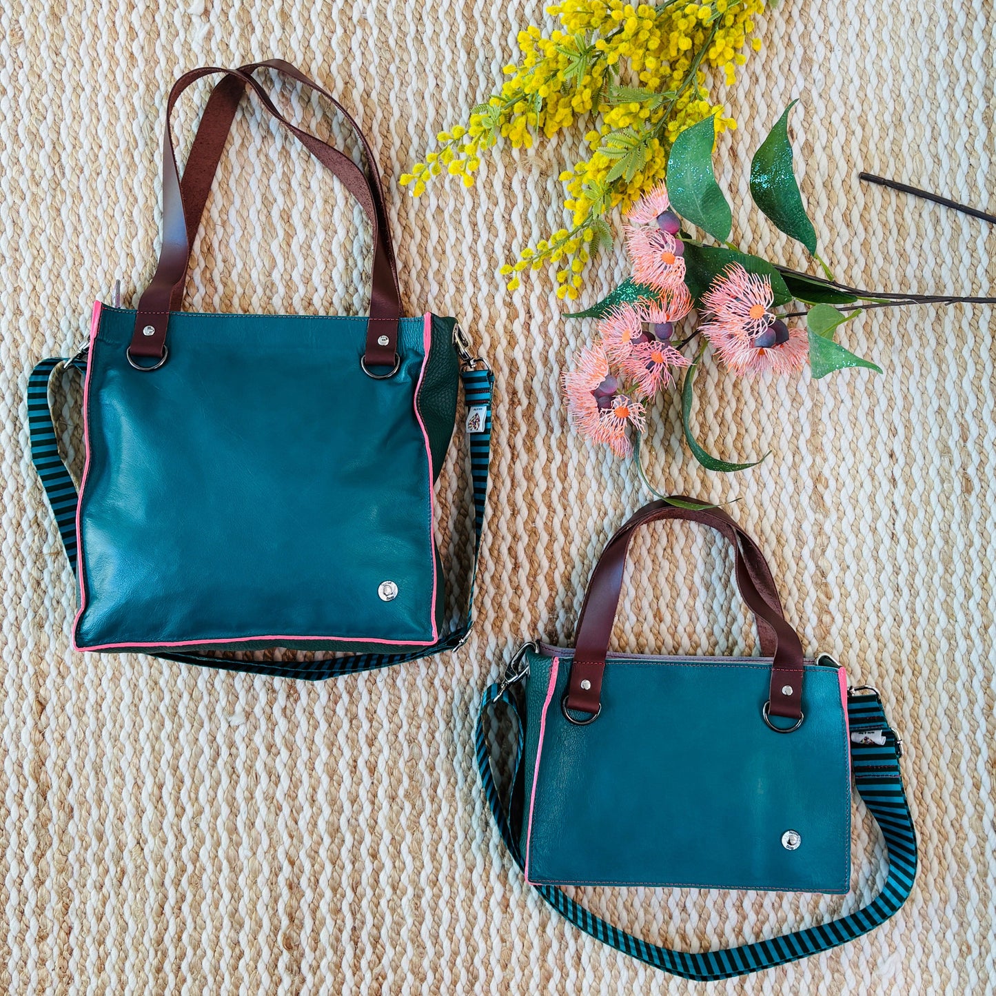 Little Sister Zipper Leather Tote - Green/Blush
