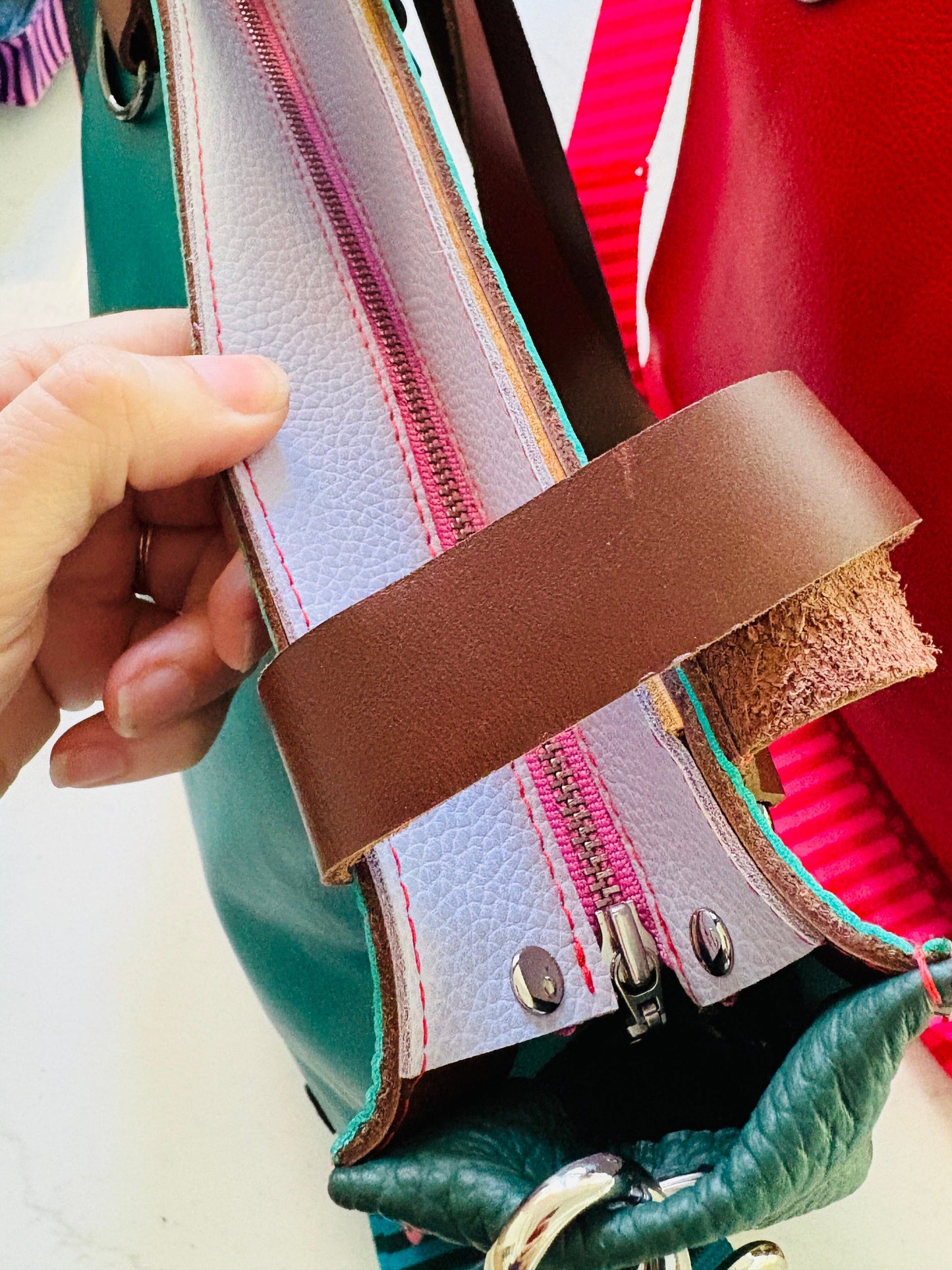 Little Sister Zipper Leather Tote - Green/Blush
