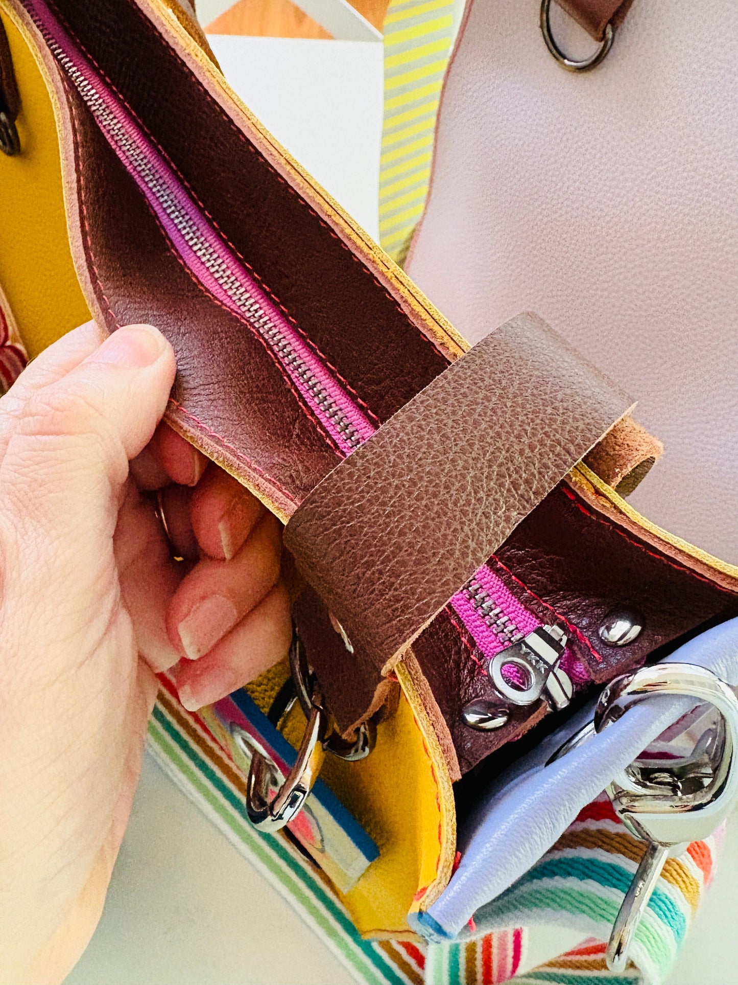 Little Sister Zipper Leather Tote - Yellow/Lilac
