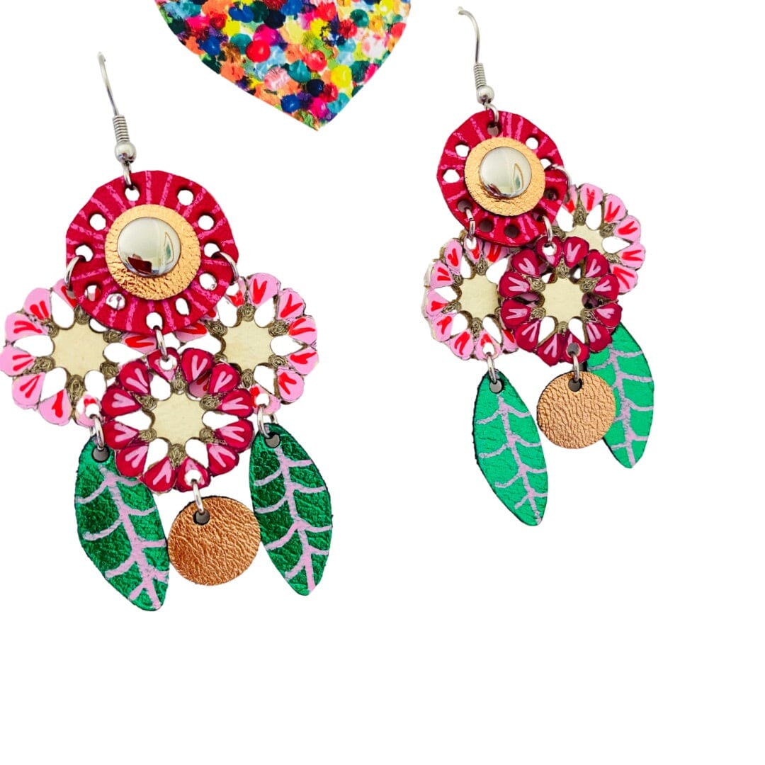 Dream Catcher Dahlias - Pink - Leather Earrings