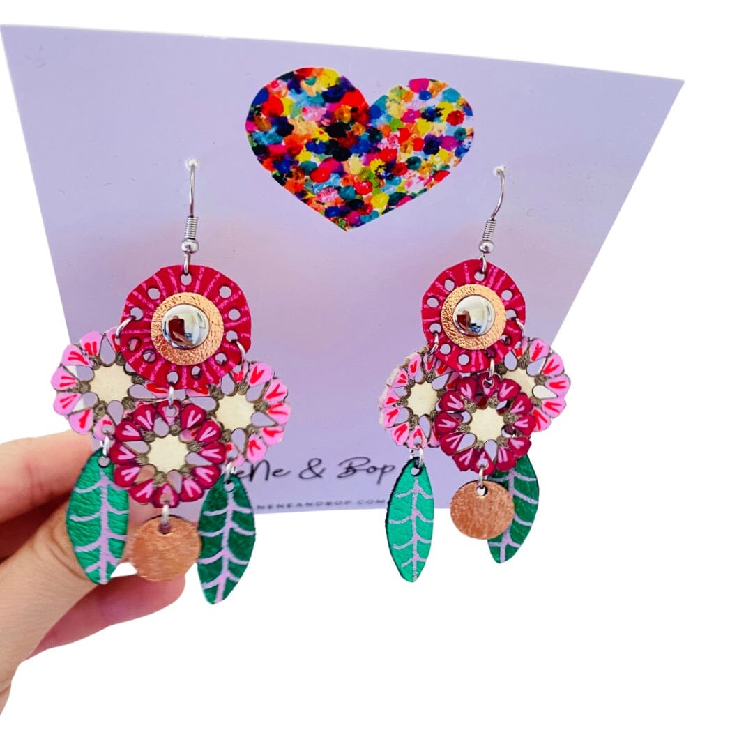 Dream Catcher Dahlias - Pink - Leather Earrings