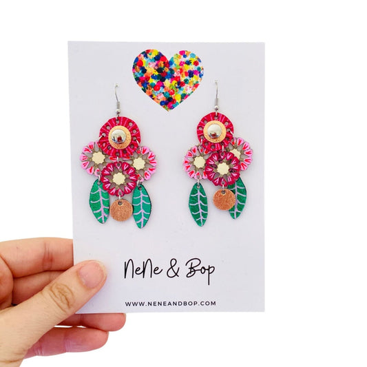 Dream Catcher Dahlias - Pink - Leather Earrings