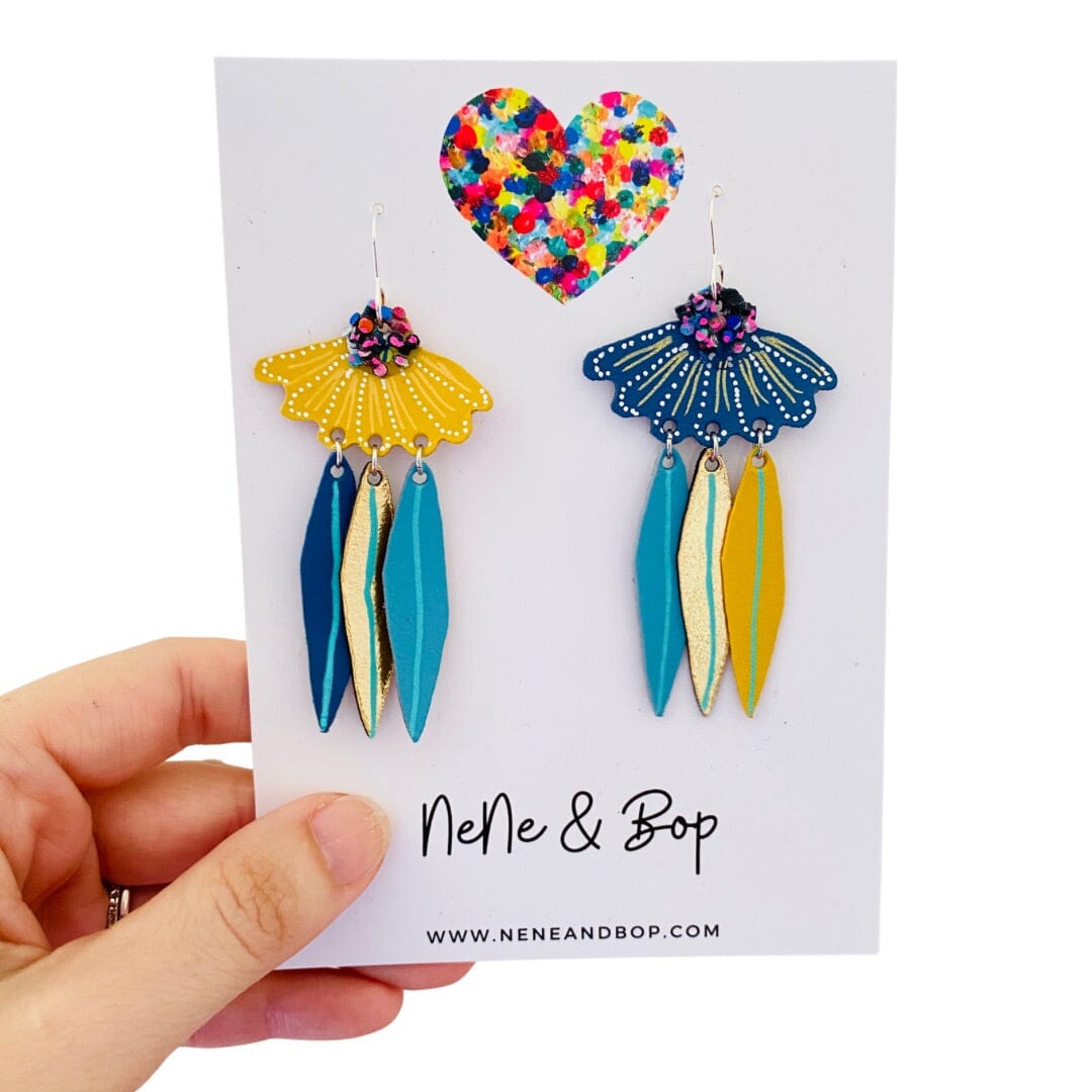 Fleurs - Yellow Blue Leather Earrings