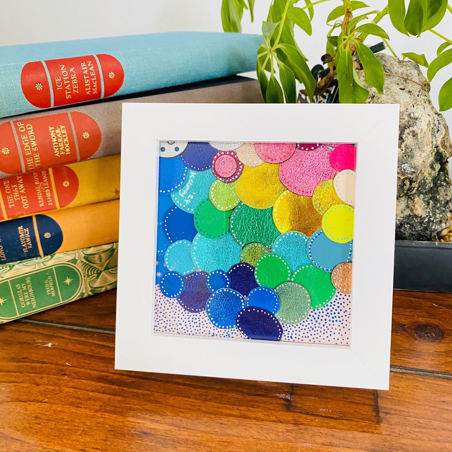 Leather collage - Box Frame - Rainbow Circles