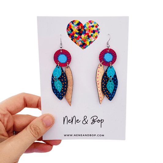 Bud and Leaves - Rose Gold - Leather Earrings