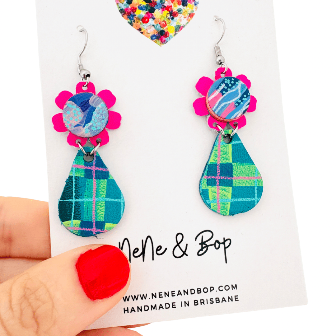 Plaid Petals Hand Painted Midi Drop Earrings - Pink/Green