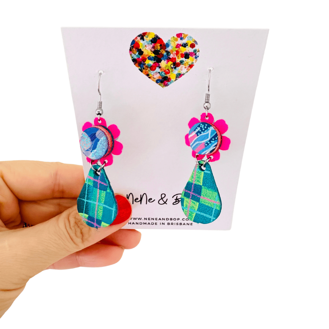 Plaid Petals Hand Painted Midi Drop Earrings - Pink/Green