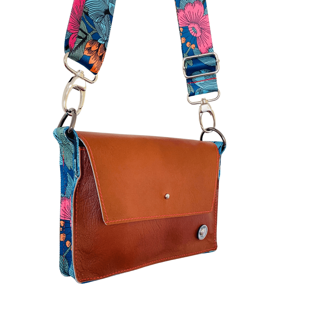 ALLY Mini - 4 in 1 Leather Bag - Tan Blue Floral