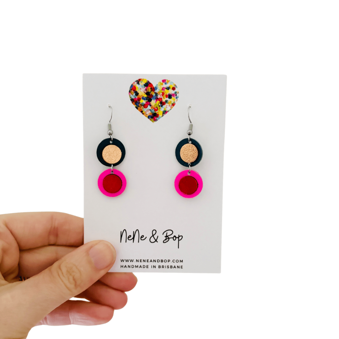 Retro Pebbles - Navy/Pink Pips - Mini - Leather Earrings
