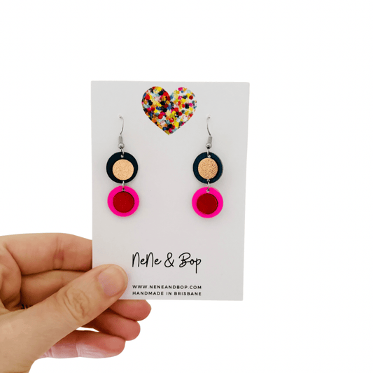 Retro Pebbles - Navy/Pink Pips - Mini - Leather Earrings