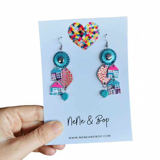 Home Sweet Home - Turquoise Gem - Leather Earrings