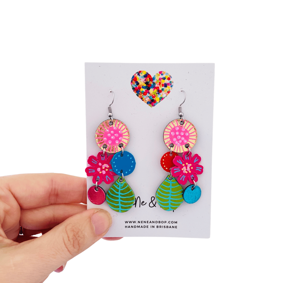 Bouquet of Blooms - Midi Green Leaf - Leather Earrings