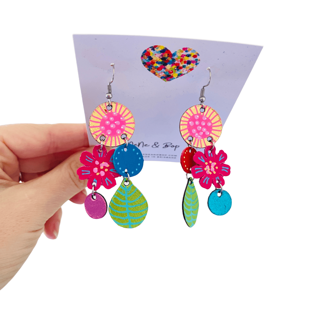 Bouquet of Blooms - Midi Green Leaf - Leather Earrings