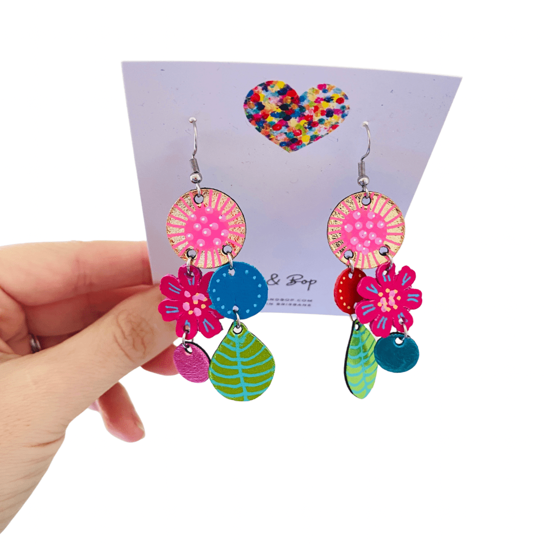 Bouquet of Blooms - Midi Green Leaf - Leather Earrings